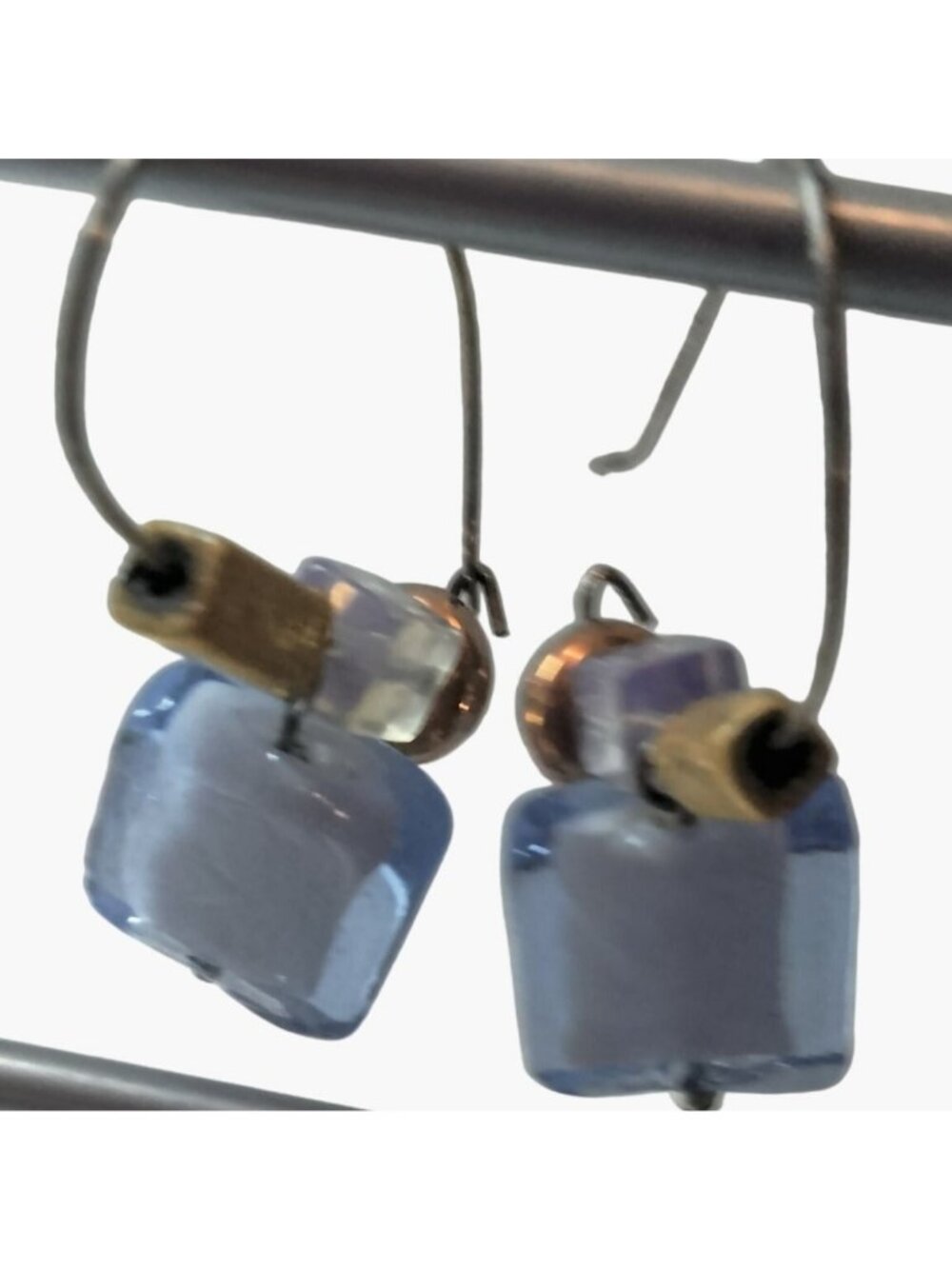 Blue Gold glass Artisan Earrings Hook Drop Dangle Vintage Upcycle  USA - Picture 4 of 5